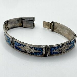 VTG Crushed Turquoise Inlay Alpaca Silver Mayan Sun Motif Slide Clasp 6.7”